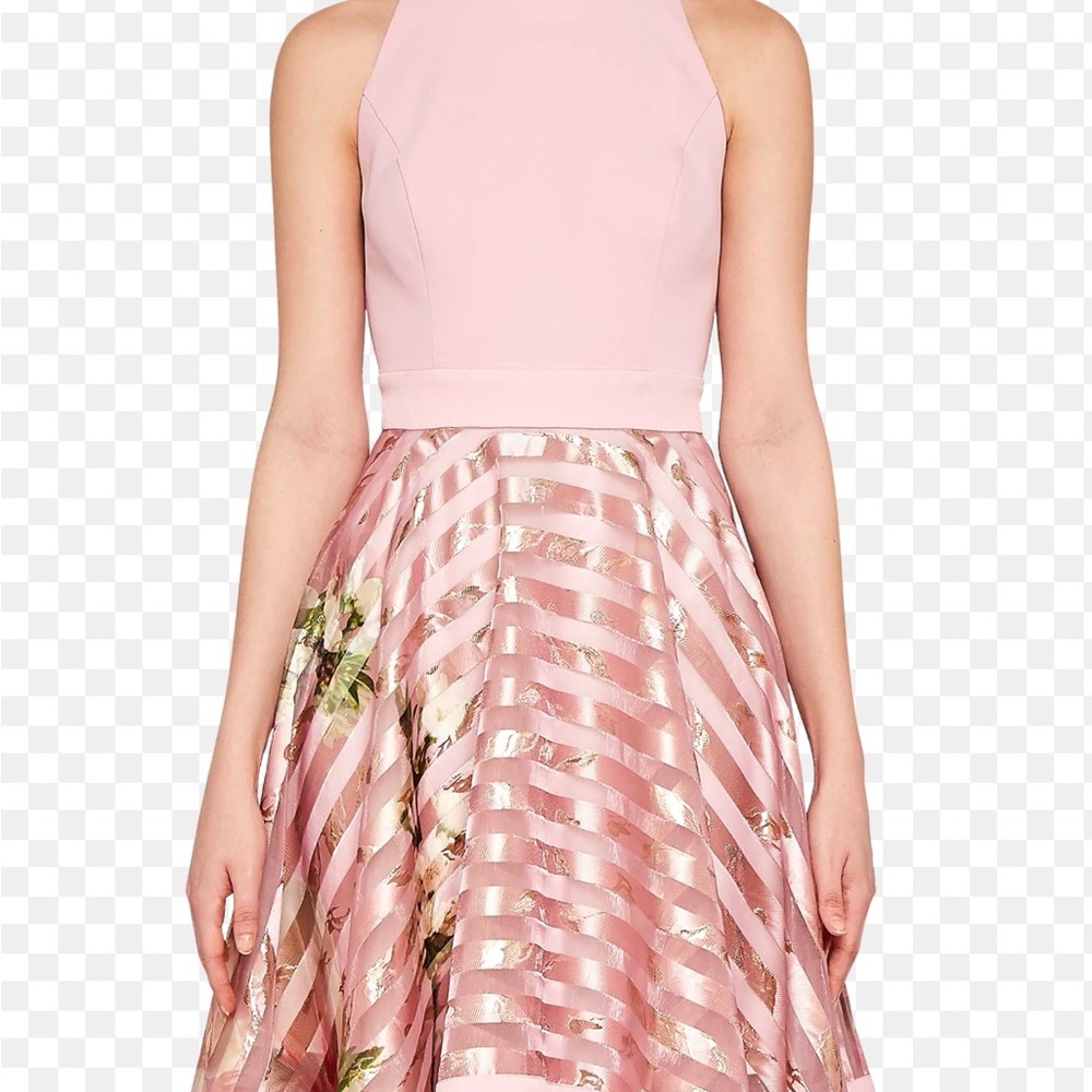 Ted Baker London Pink Halter Floral-Striped Fit-and-Flare Dress